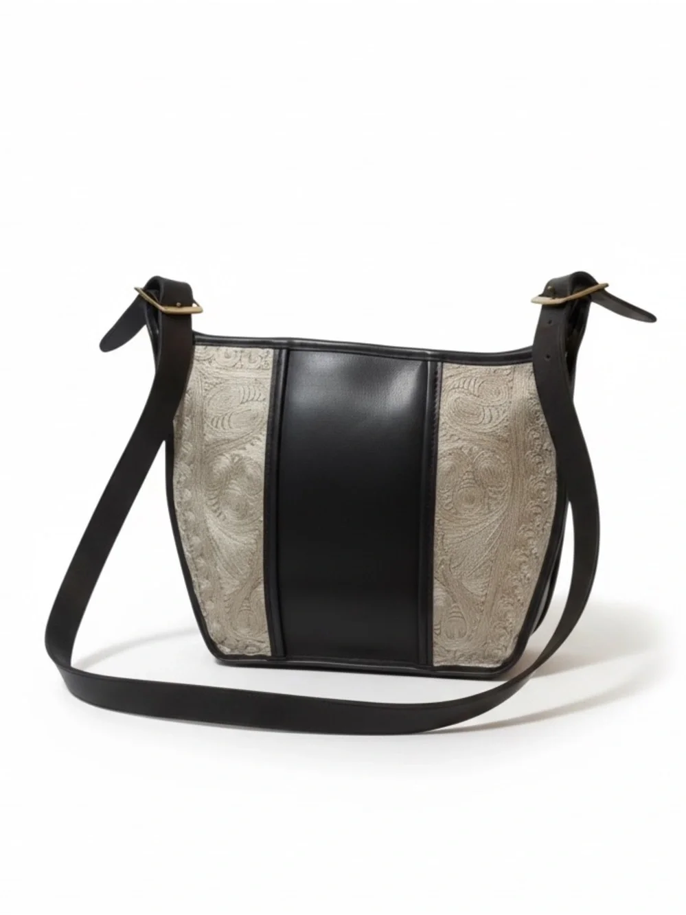 Vintage Albano Black Leather Brocade Crossbody Shoulder Bag Y2K